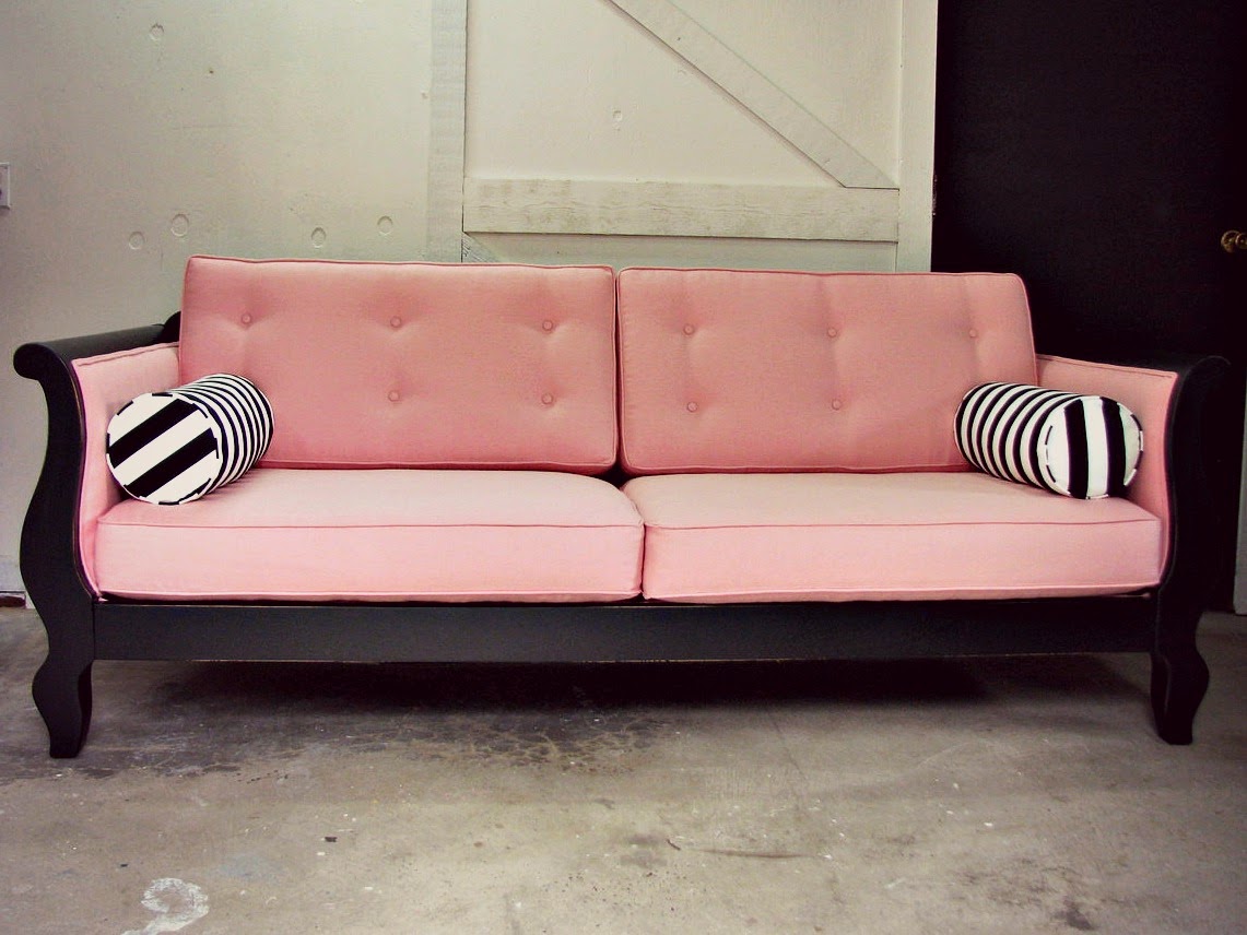 blue roof cabin Custom Upholstered Pink and Black Sofa