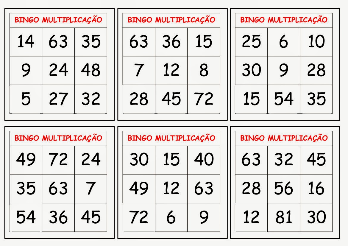 Bingo Matemático multiplicação e divisão jogo matemático