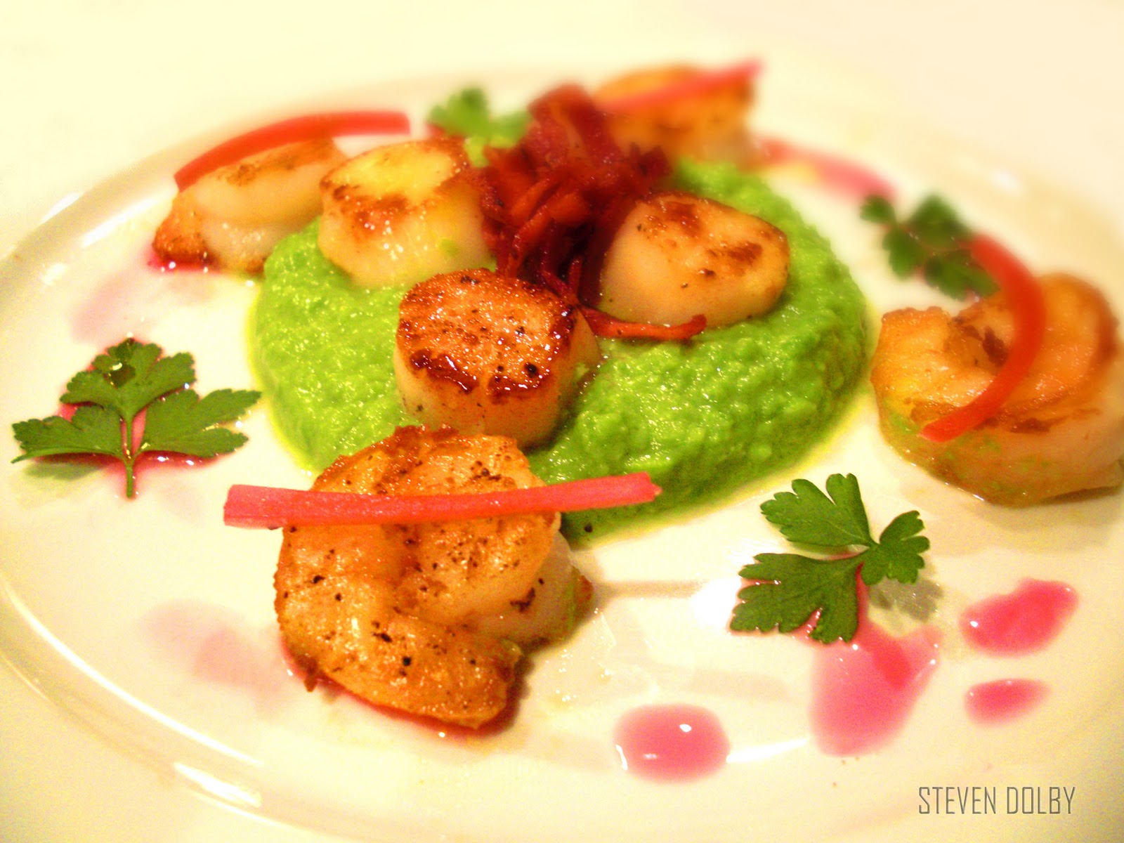 Pea Puree with Shrimp,Scallops & bacon by Steven Dolby