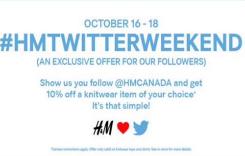 H&M Twitter Weekend 10% Off Knitwear Coupon
