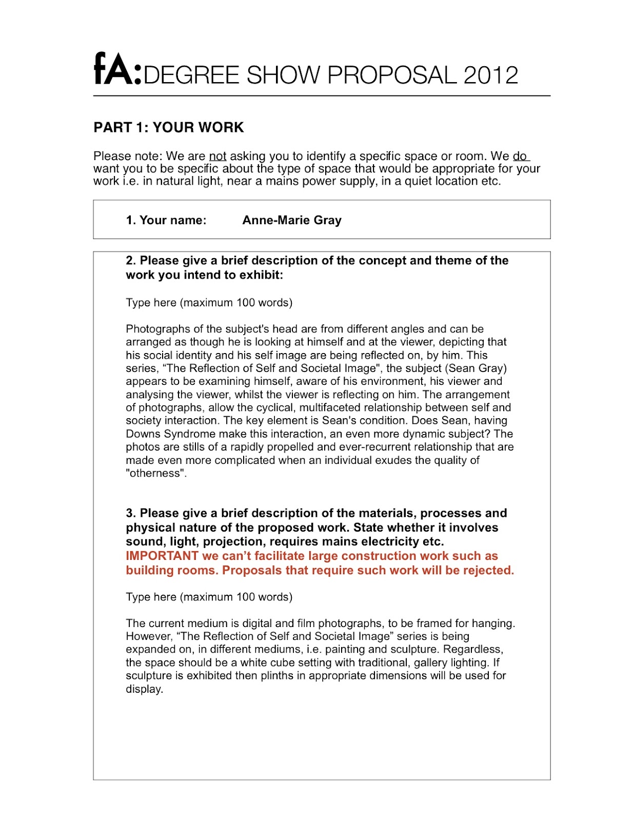 anne marie gray art degree show proposal painting description format