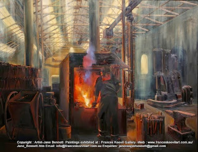 oil painting of blacksmith, Eveleigh Railway Workshops by industrial heritage artist Jane Bennett