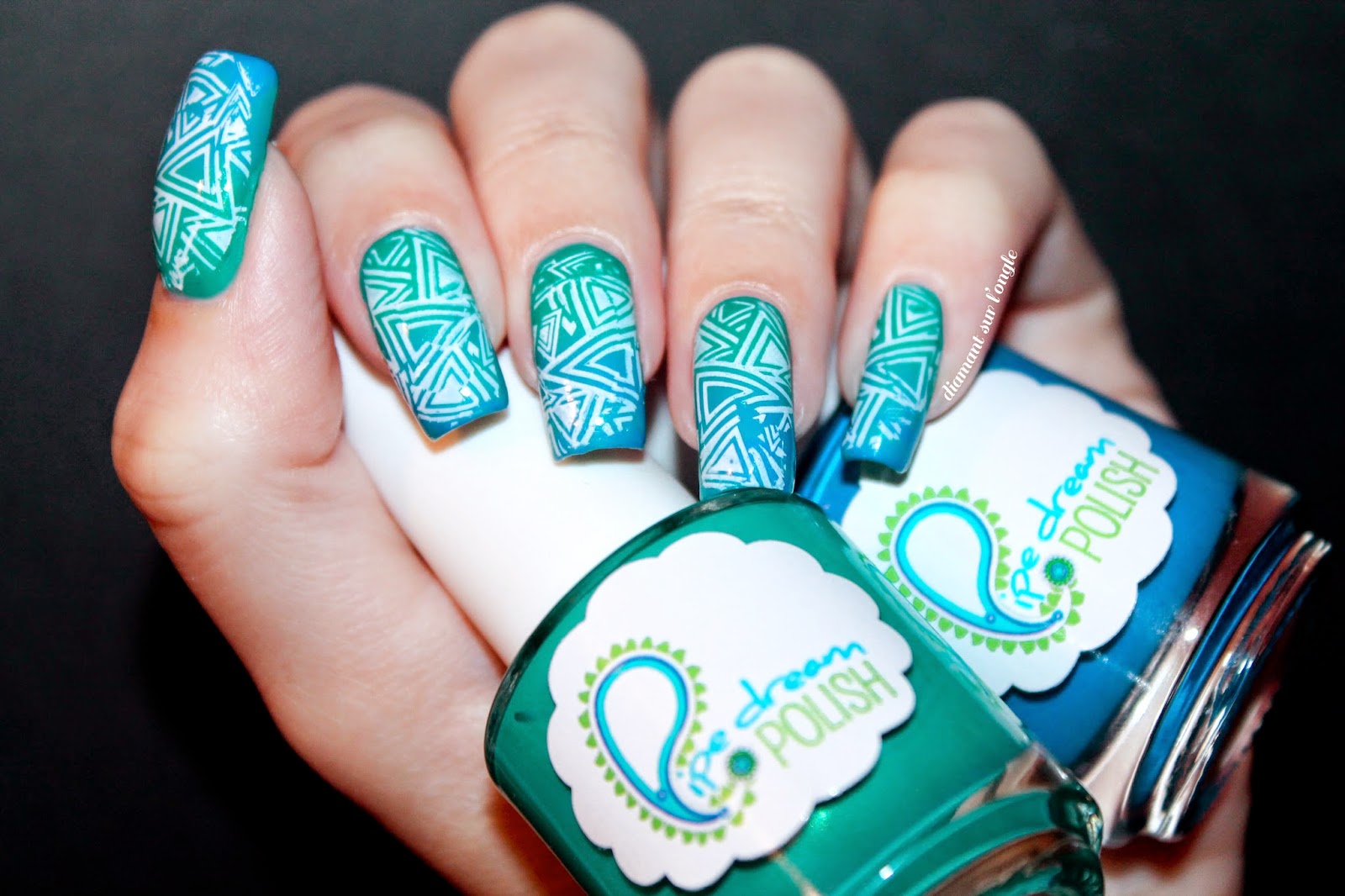 teal neon gradient nail art and white stamping