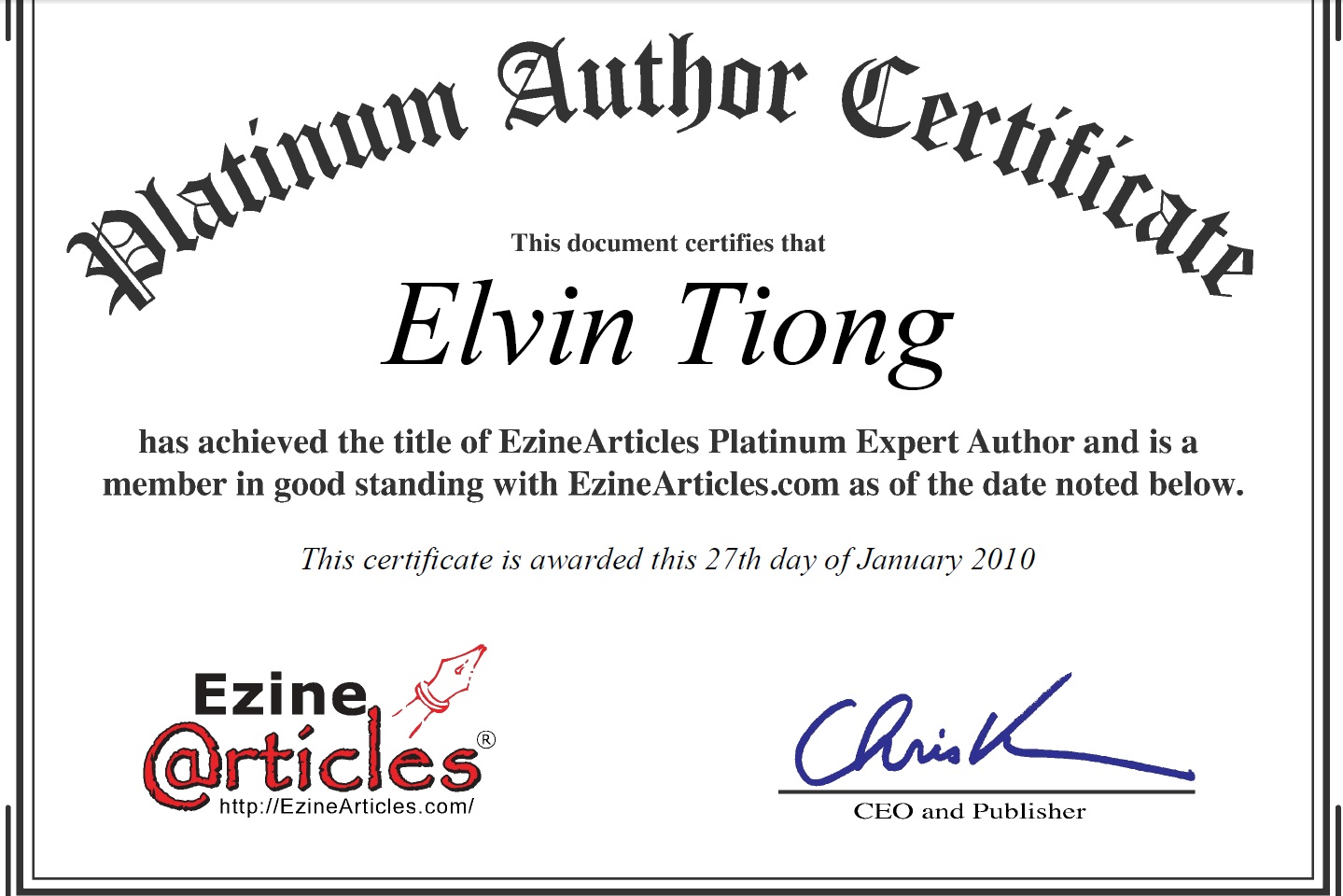 Platinum Author Certificate