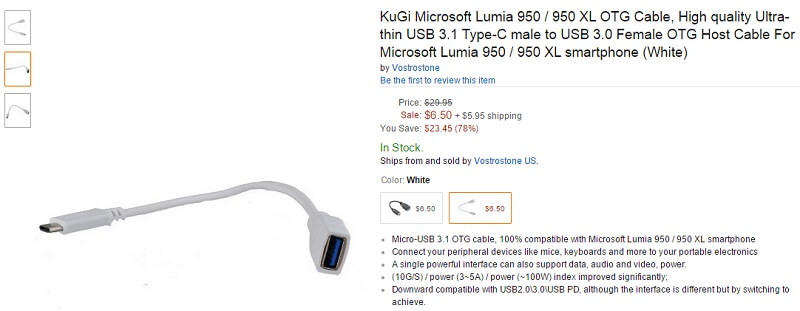 USB OTG cable  for Lumia 950 on Amazon