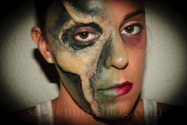 Maquillaje Halloween 6: Calavera media cara, Halloween Make-up 6: Half face skull, efectos especiales, special effects, Silvia Quirós