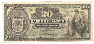 Mexican banknotes 20 Pesos banknote Mexico paper money Banco de Jalisco