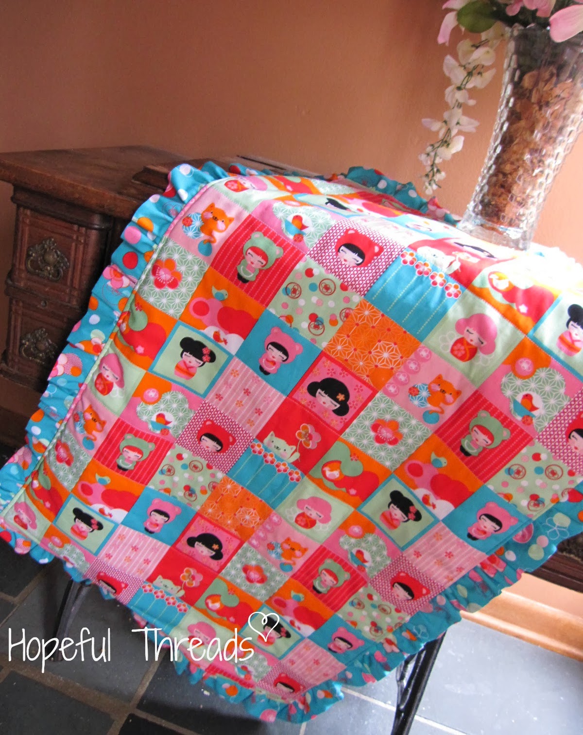 Hopeful Threads Ruffle Trimmed Faux Patchwork Baby Blanket Tutorial