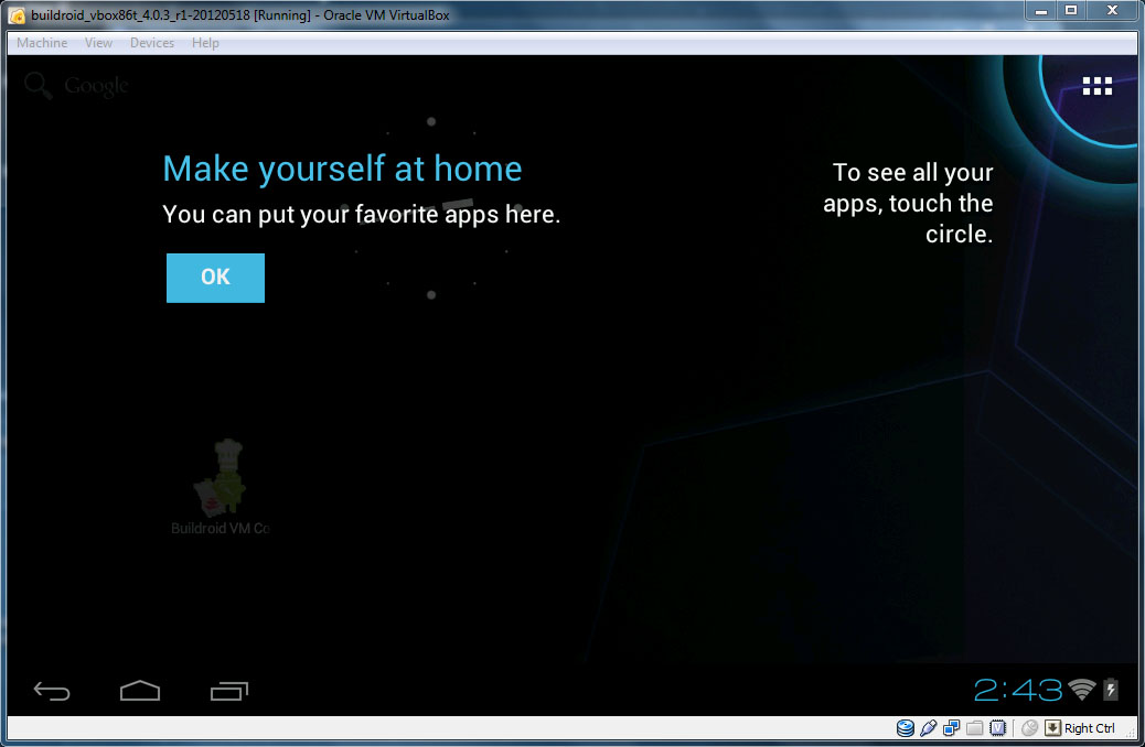 VirtualBox - Android Home Screen