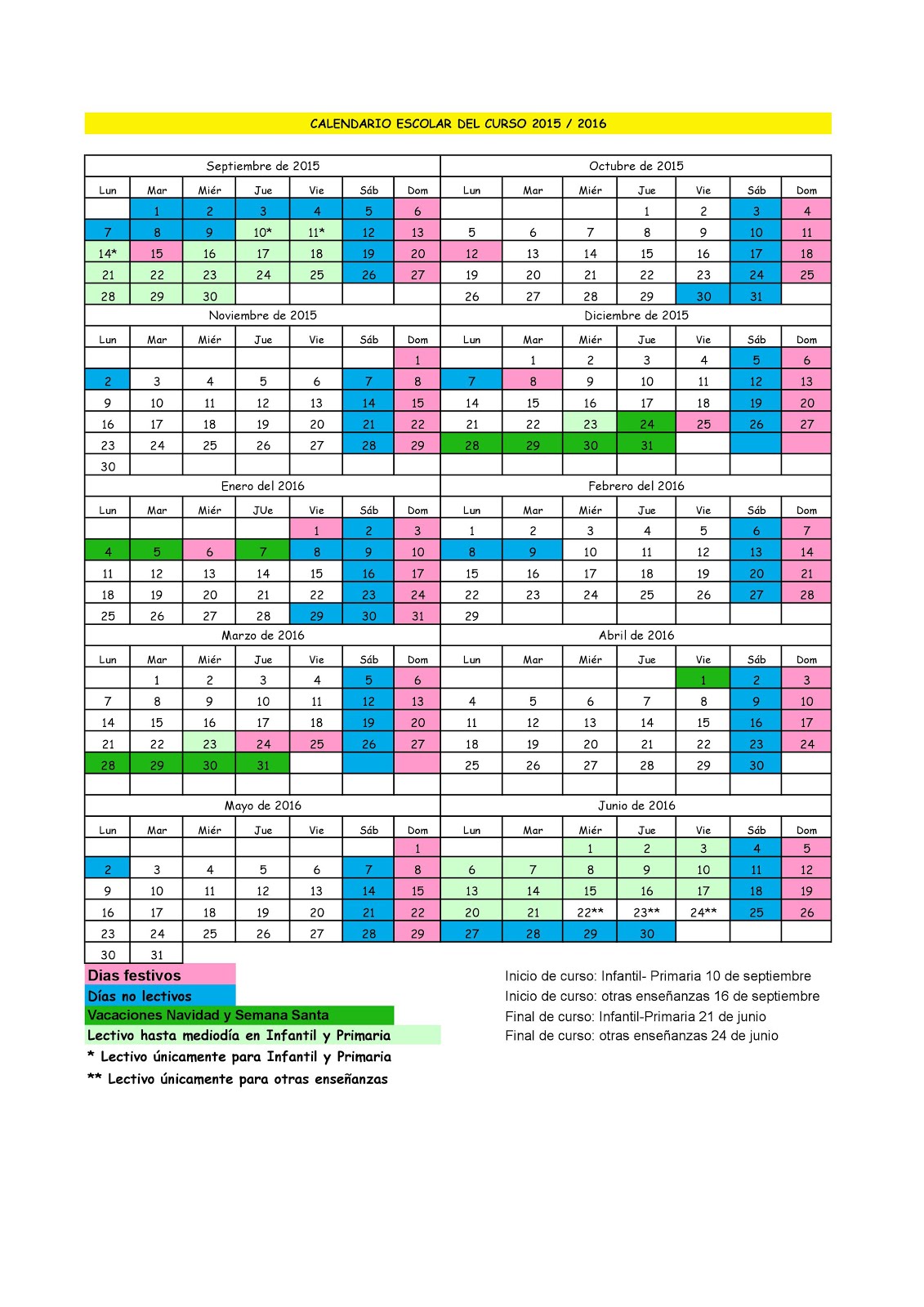 Calendario Escolar  2015/16