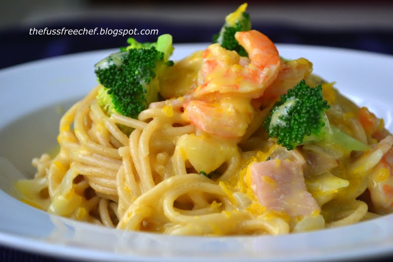 The Fuss Free Chef Creamy Pumpkin Sauce Pasta With Prawns Bacon And Broccoli
