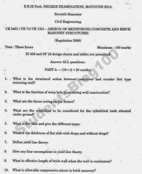 CE2401 - Design of Reinforced Concrete and Brick Masonry Structures May/June 2013 question Paper CE2401 - Design of Reinforced Concrete and Brick Masonry Structures May/June 2013 question Paper