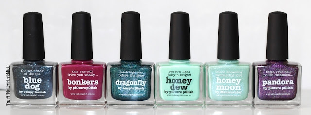 piCture pOlish // Blue Dog - Bonkers - Dragonfly - Honey Dew - Honeymoon - Pandora