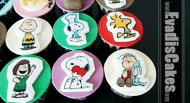 Closer view picture of edible images of Snoopy cupcakes