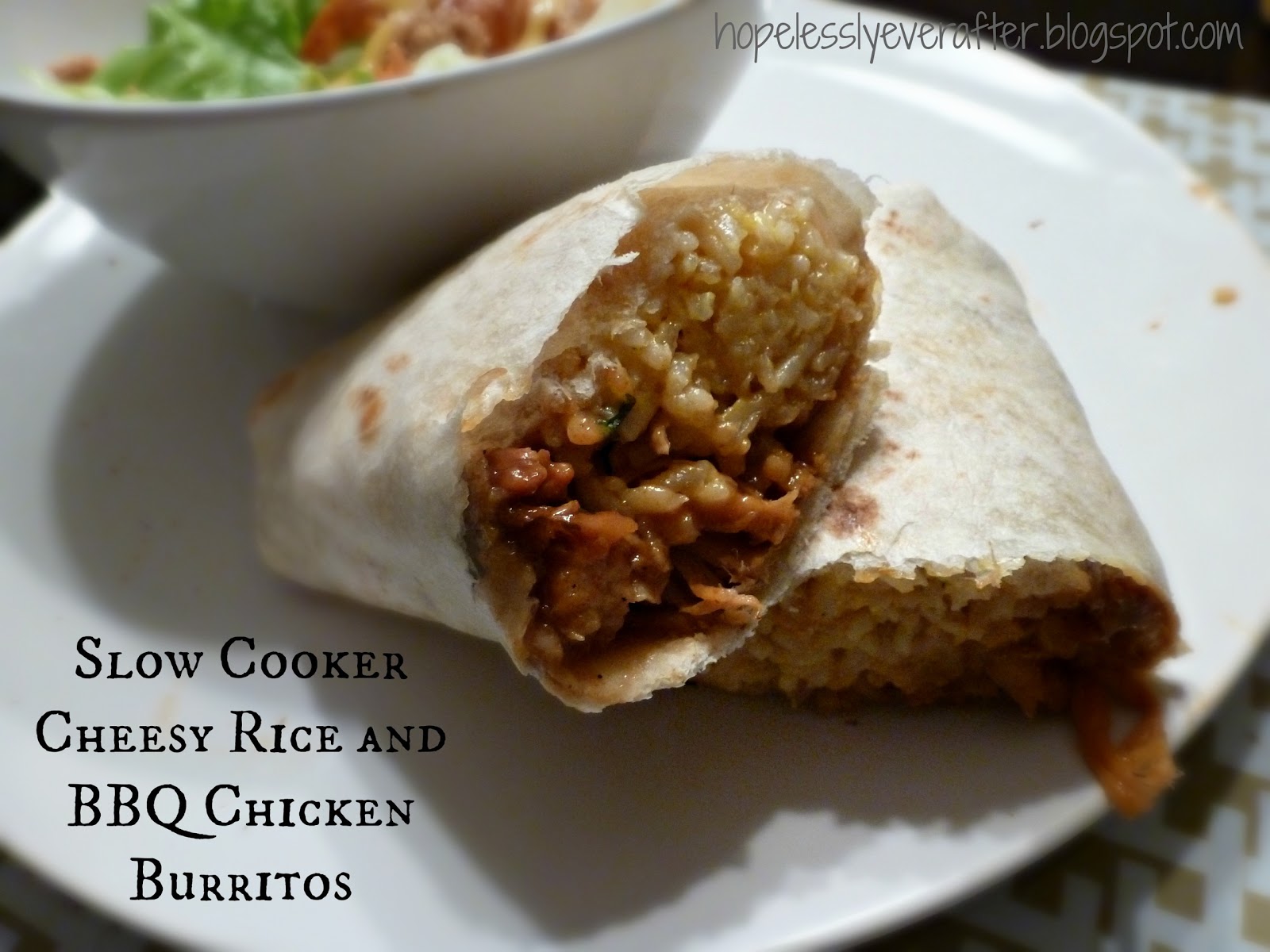 Hopelessly Ever After Slow Cooker Cheesy Rice and BBQ Chicken Burritos