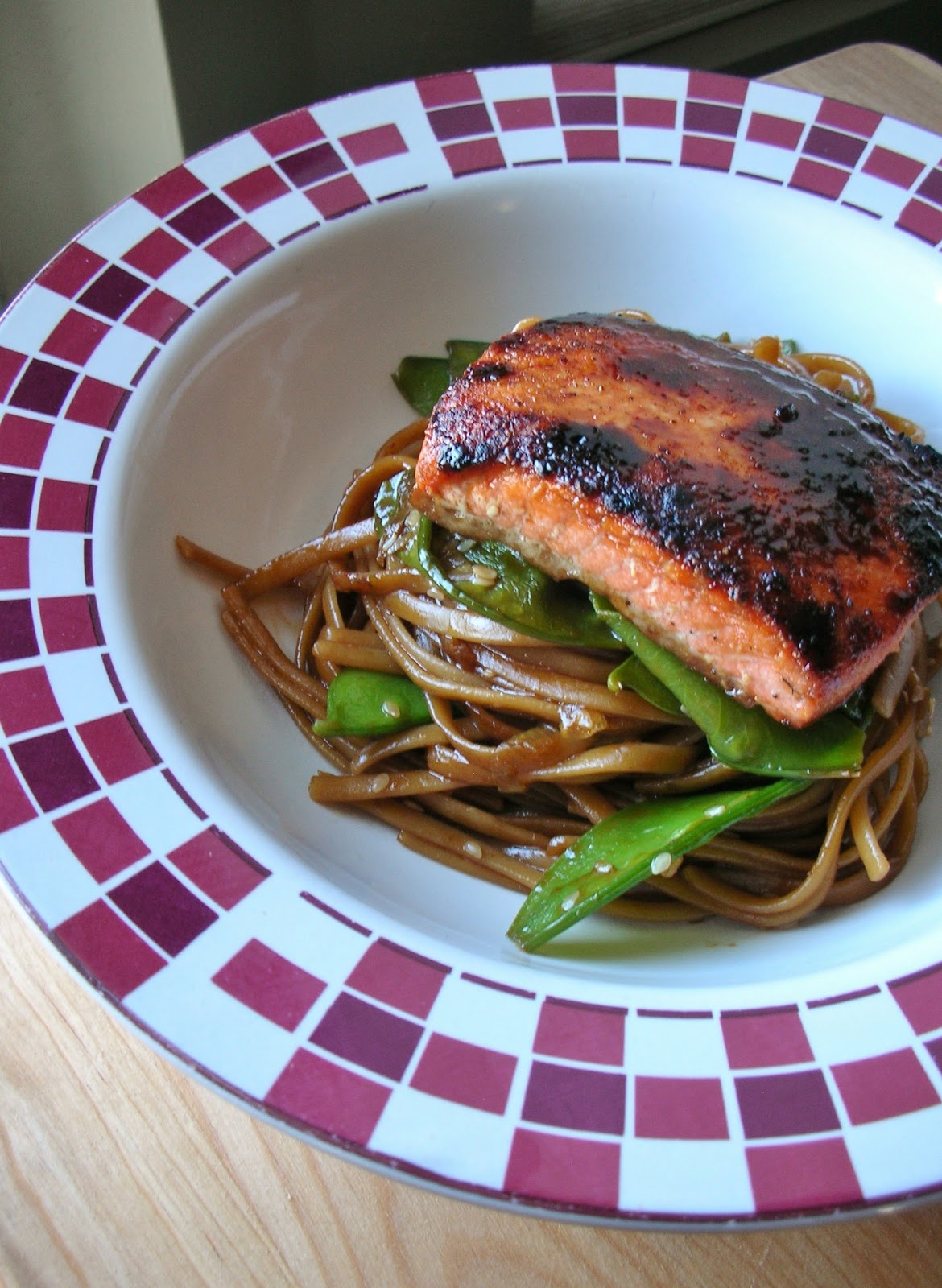 Basil Asian Salmon Pasta with Snow Peas and Mushrooms