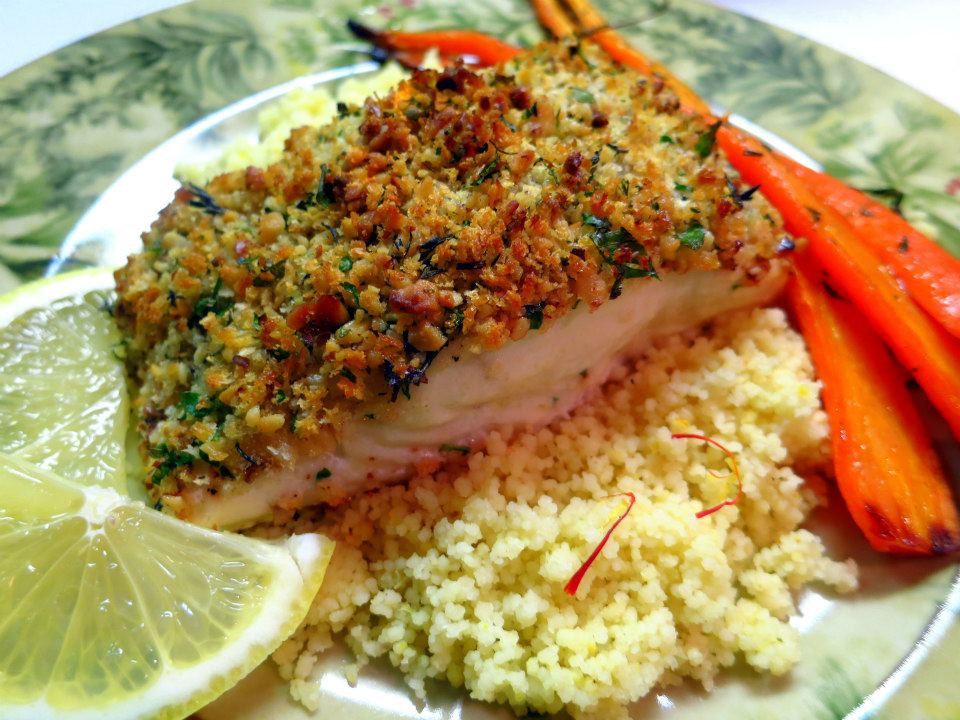 Dragon's Kitchen Roasted Halibut with Walnut Herb Crust