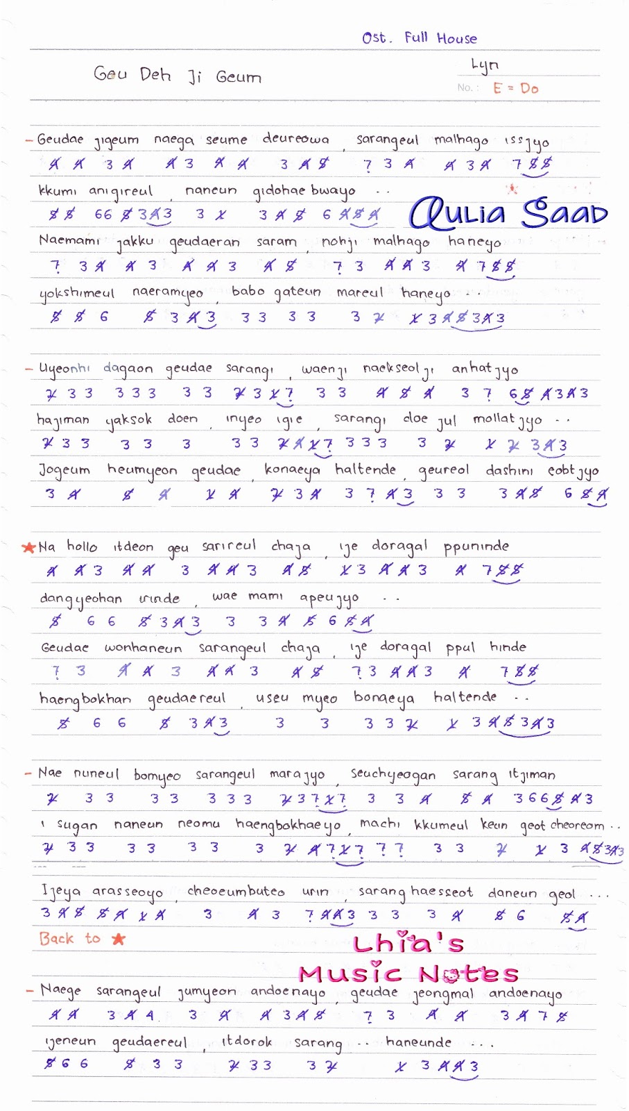 Not Angka Lyn Geu Deh Ji Geum (Ost. Full House) Not