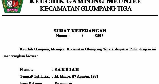 CONTOH SURAT KETERANGAN BERKELAKUAN BAIK DARI KEUCHIK GAMPONG