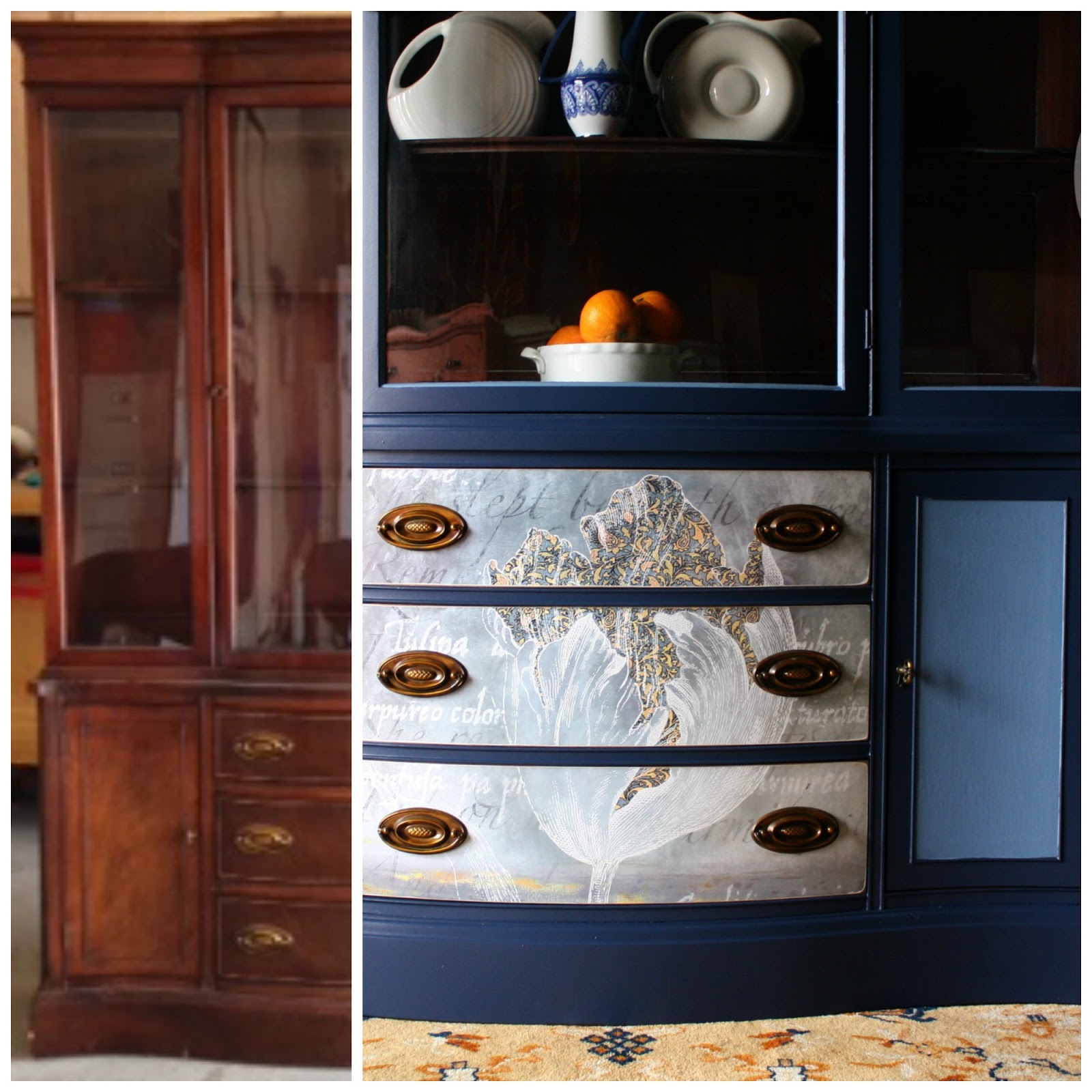The Turquoise Iris Furniture & Art Navy Blue Hutch with Decoupage Drawers