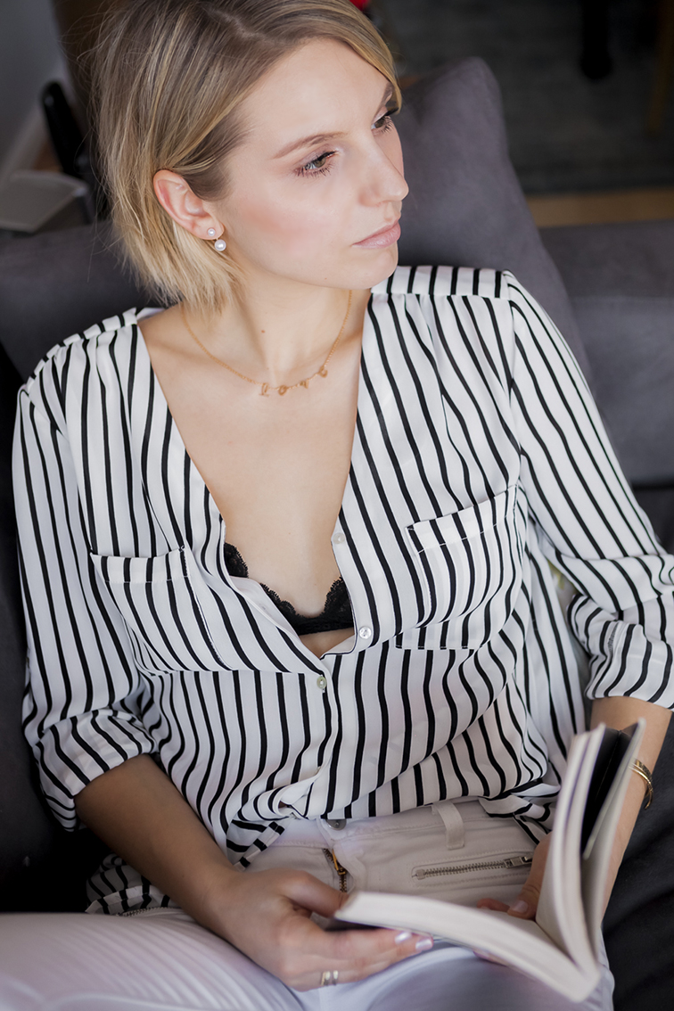 Vertical striped button down blouse shirt, H&M, gold love chain necklace, ASOS double pearl earrings, black lace bralette