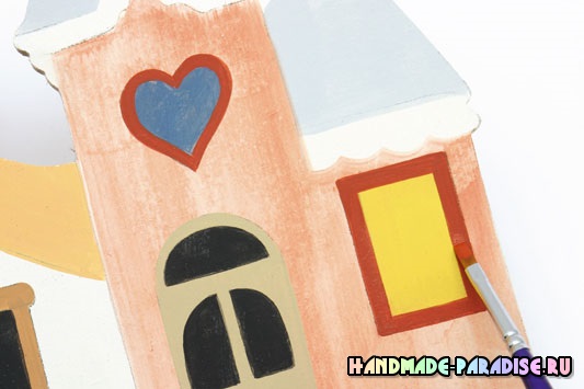Роспись вешалки с домиками из фанеры Роспись вешалки с домиками из фанеры