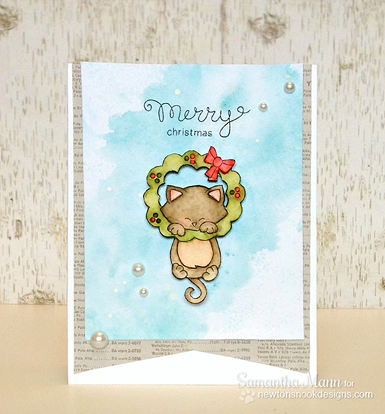 Merry Christmas Card with cat and wreath by Samantha Mann for Newton's Nook Designs | Newotn's Holiday Mischief Stamp set