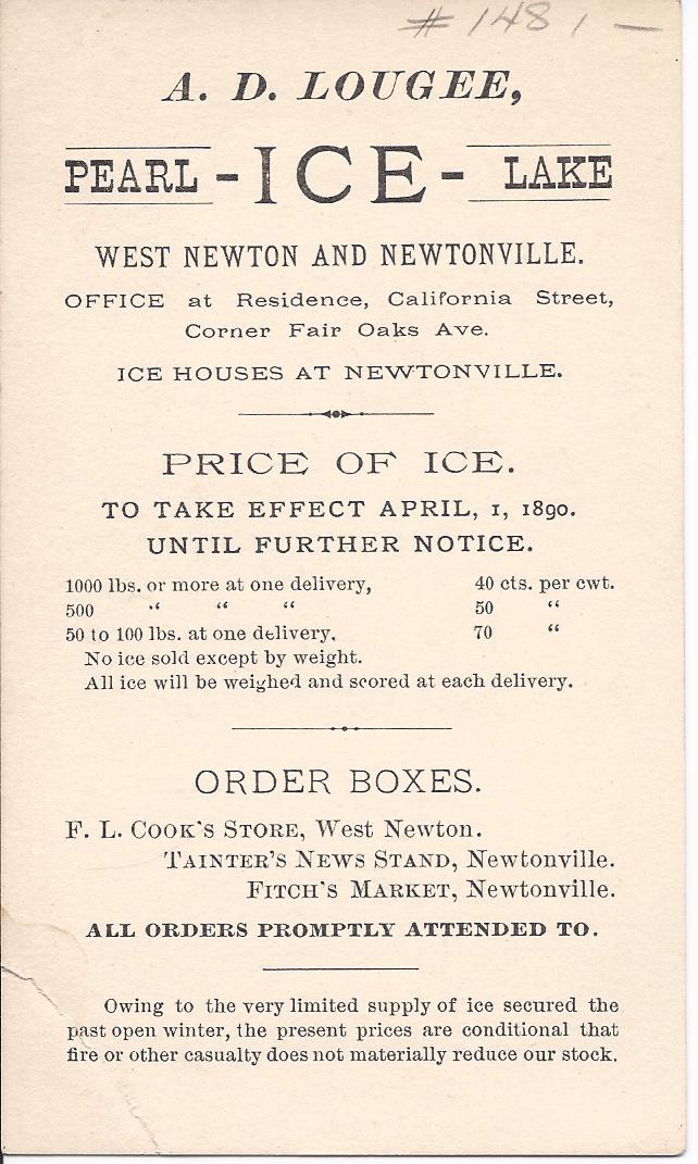 Heirlooms Reunited 1890 Card from A. D. Lougee Ice Co., West Newton