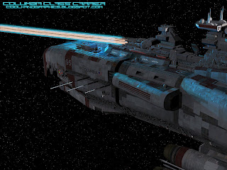 Baby blue laser beams fire from the deck OOOoooh, pretty.