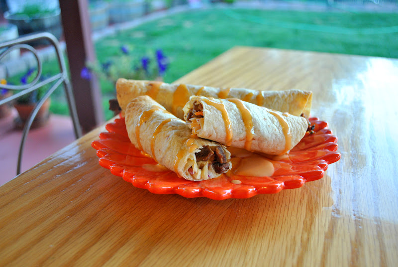 asian infused steak flautas with spicy cole slaw and creamy siracha