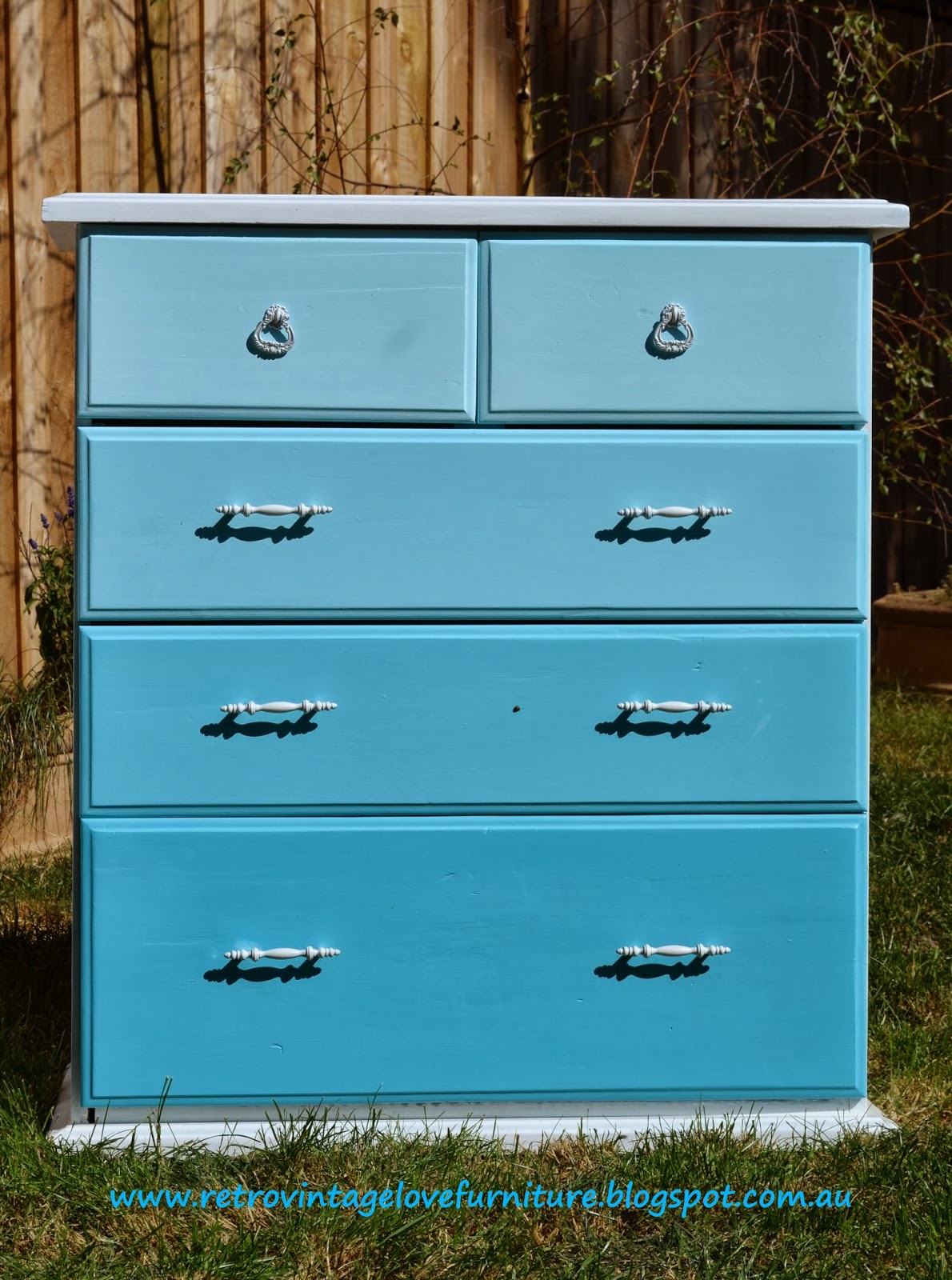 Retro Vintage Love Ombré blue chest of drawers and matching bedside tables