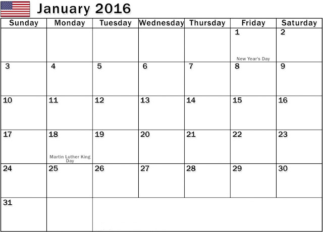 January 2016 Calendar with Holidays US, January 2016 Calendar with Holidays UK, January 2016 Calendar with Holidays Canada, January 2016 Blank Printable Calendar Template, January 2016 Calendar Word Excel PDF Download Free