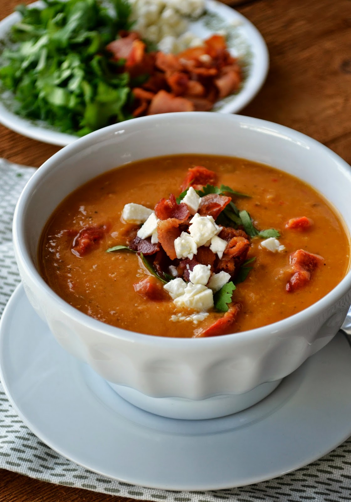 Roasted Red Pepper Lentil Soup With Crumbled Bacon
