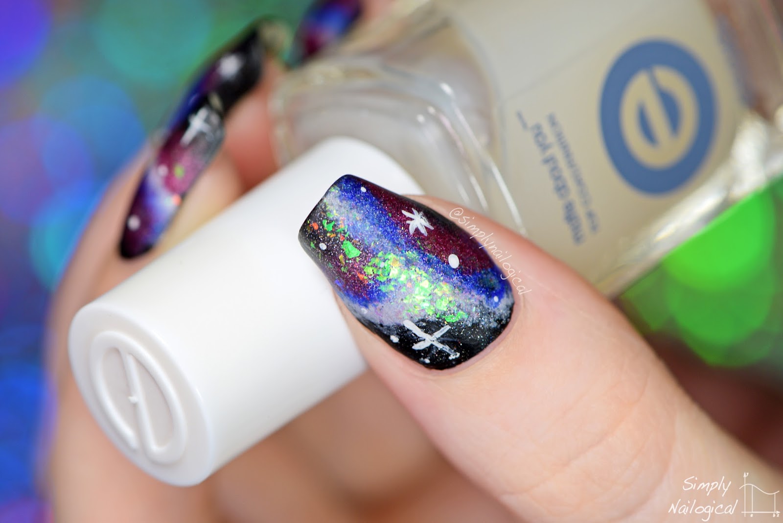 Simply Nailogical Galaxy nail art with holo and flakies