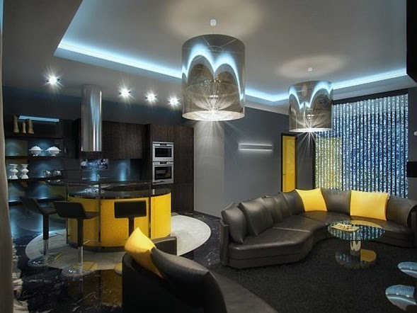 decora y disena: Interior de Apartamento en Negro y Amarillo