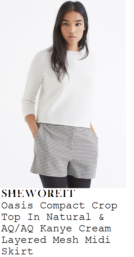chloe-sims-white-cream-3/4-sleeve-crop-top-and-mesh-pencil-midi-skirt-mayfair