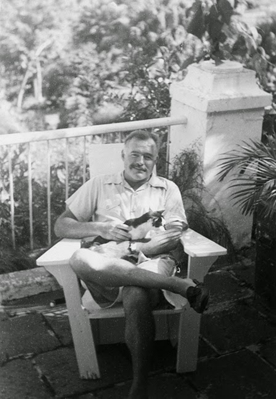 Hemingway with his cat, Boise, outside Finca Vigia.