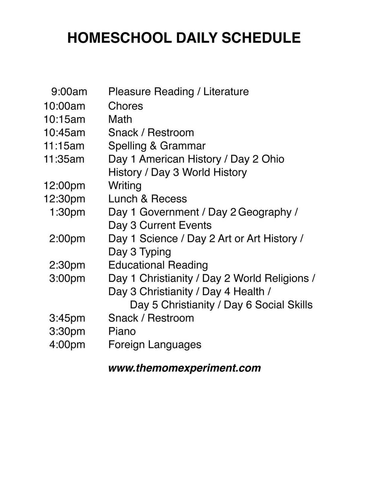 free daily schedule