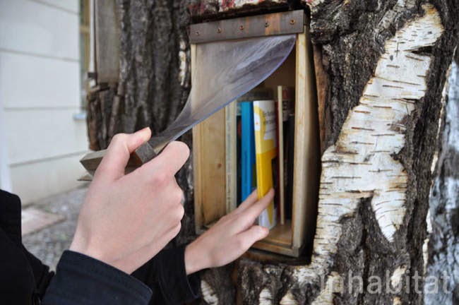 There are a few shelves in each of the trees, with plastic covers to protect the books from any bad weather. - A Neighborhood In Germany Has An Awesome Book Exchange Inside Of Trees There are a few shelves in each of the trees, with plastic covers to protect the books from any bad weather. - A Neighborhood In Germany Has An Awesome Book Exchange Inside Of Trees