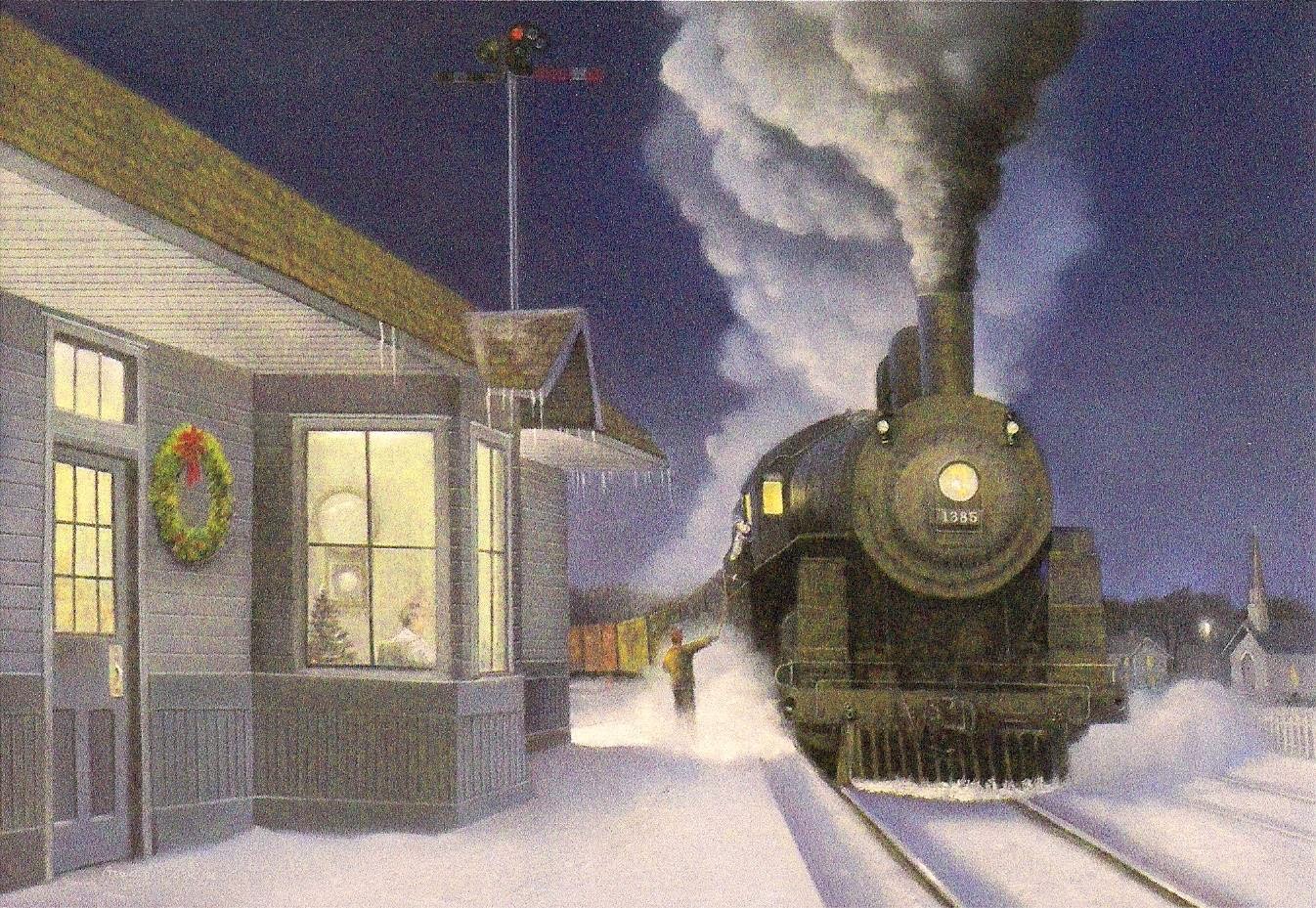postcard chicago christmas card train northwestern steam engine 1385 hauling freight to chicago at night by small station artwork - Chicago Christmas Station postcard chicago christmas card train northwestern steam engine 1385 hauling freight to chicago at night by small station artwork - Chicago Christmas Station