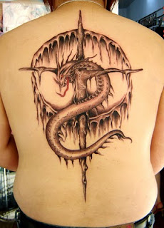 Large back piece dragon and Cross tattoo design
