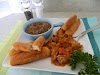 Caribbean Style Salt Cod, Jonny Cakes Sticks and Eggplant Chokha