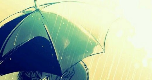 anime couple hug raining umbrella kissing