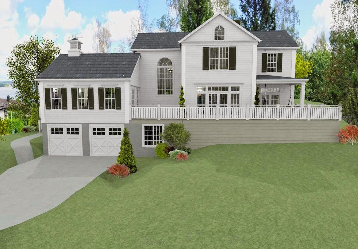 Den vita drömgården: new england hus med garage i souterräng delen.
