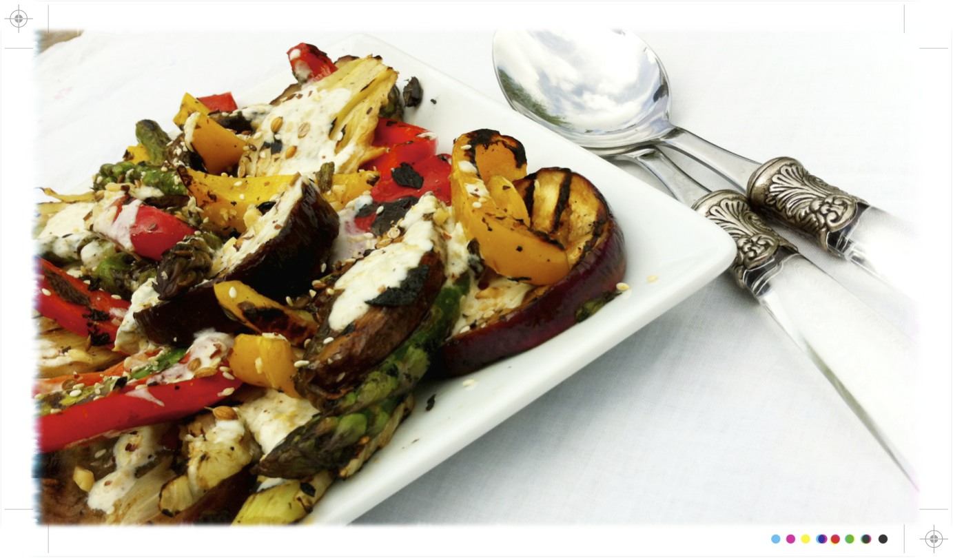 Toast Grilled Vegetables with Lemon Cumin Yoghurt & Dukkah