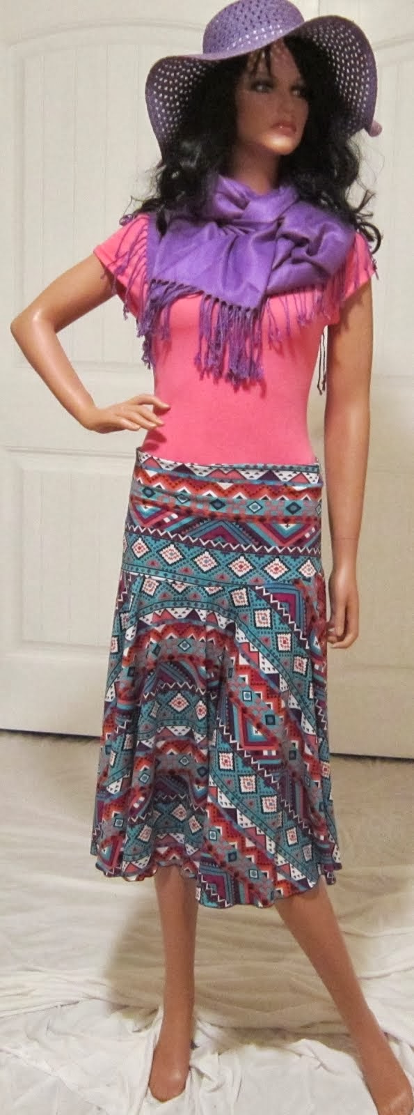 Native Tribal Print Full Circle Stretch Knit Jersey Midi Skirta