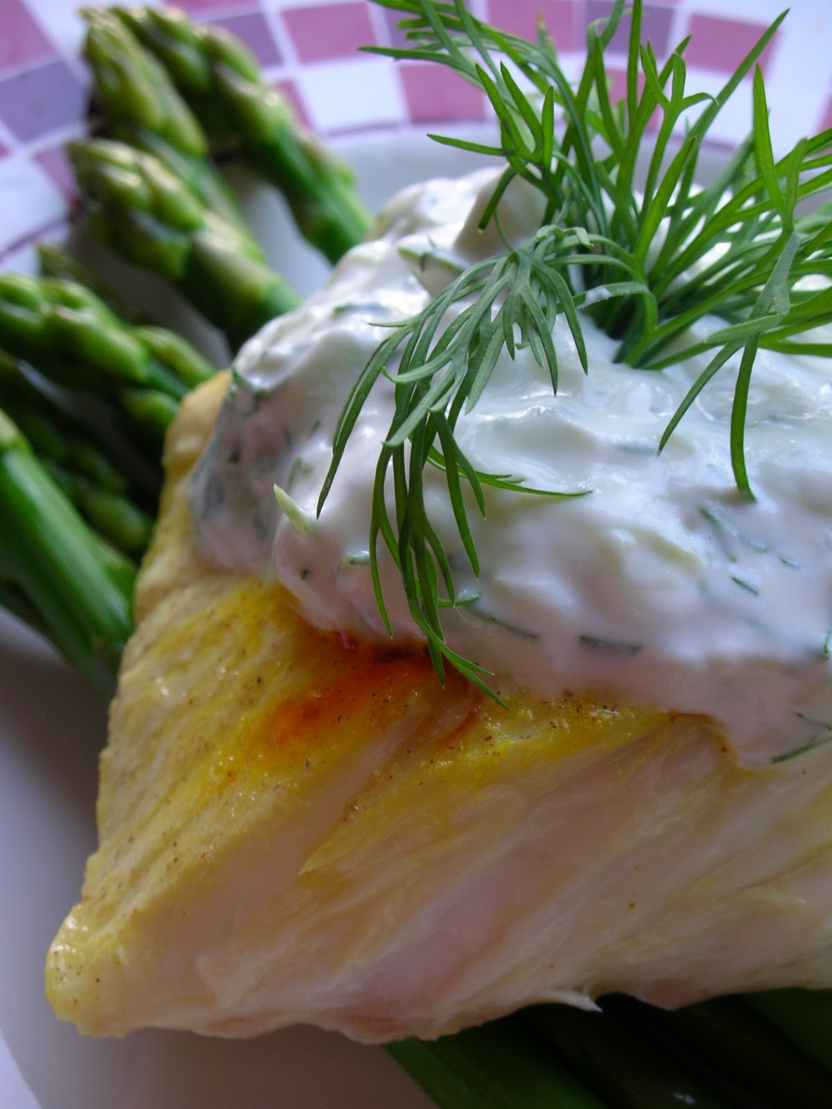 Basil Poached Halibut with Saffron and CucumberDill Sauce
