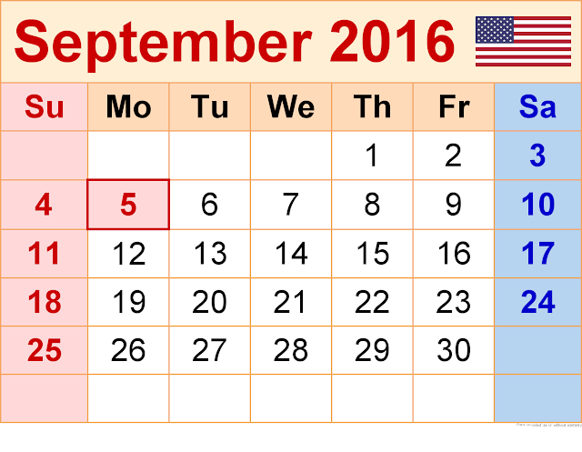 September 2016 Calendar with US Holidays Free, September 2016 Printable Calendar Cute Word Excel PDF Template Download Monthly, September 2016 Blank Calendar Weekly