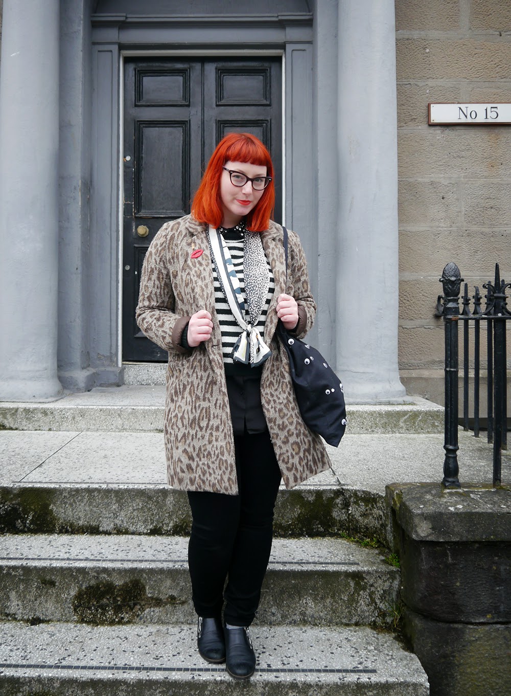 Monochrome and Leopard Print Scottish bloggers, Dundee, Dundee Contemporary arts, DCA, Art Exhibition, what Helen wore, monochrome outfite, H&M jewelled collar shirt, stripey Zara Jumper, Karen Mabon penquin Scarf, googley eye bag, red head, scottish street style, Dundee street style, Warehouse leopard print coat, comfy clarks shoes, work outfit, workwear, basic black jeans