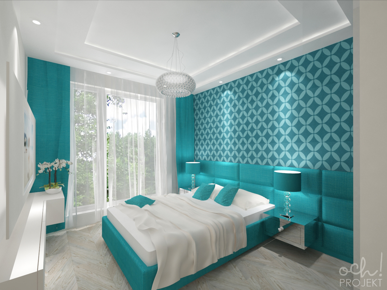 OchProjekt Projekt turkusowej sypialni i łazienki